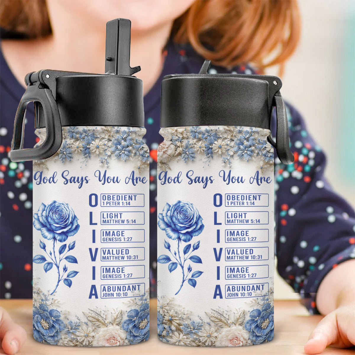 God Say You Are Blue Toile - Personalized Kids Water Bottle