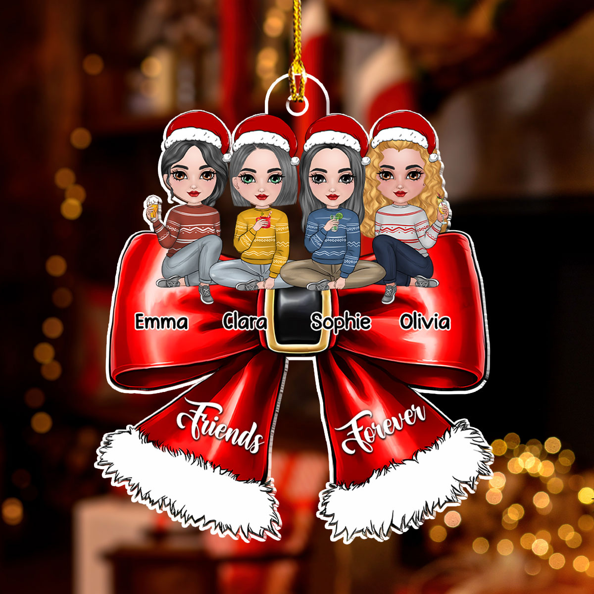 Custom Friendship Christmas Ornament, Best Friend Gift •  Bestie Sitting On Bowtie - Personalized Acrylic Ornament