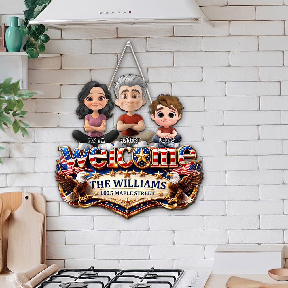 Custom Family Patriotic Hanging Decor, 4th of July • Welcome Home Sweet Home - Personalized Wood Sign