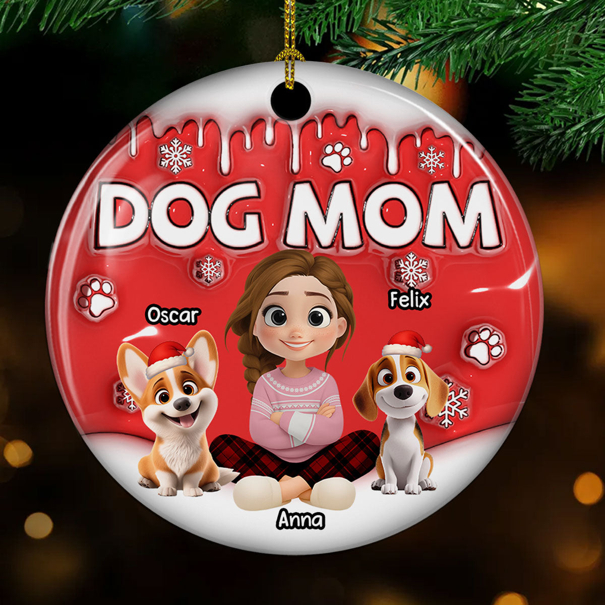 Custom Keepsake Christmas Ornament •  Dog Mom Cartoon In Christmas - Personalized 3D Inflated Effect Ceramic Ornament