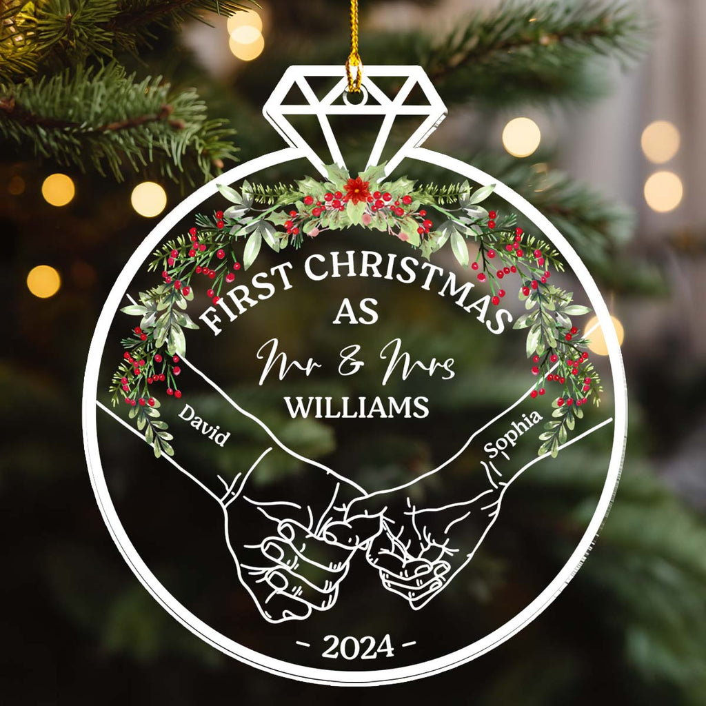 Custom First Christmas Ornament Married, Gift for Newlyweds •  Our First Christmas 2024 - Personalized Acrylic Ornament