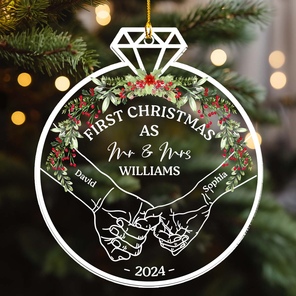 Custom First Christmas Ornament Married, Gift for Newlyweds •  Our First Christmas 2024 - Personalized Acrylic Ornament