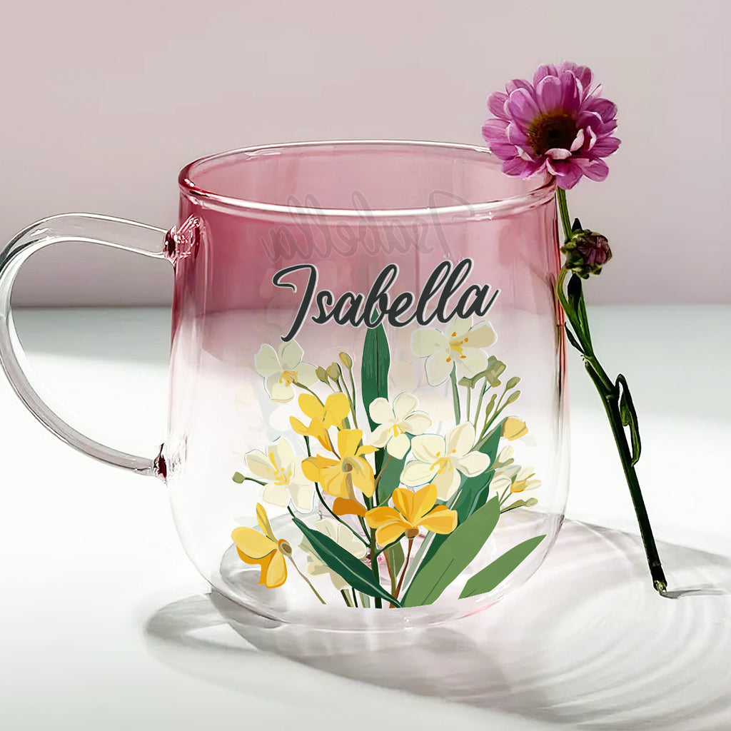 Custom Christmas & Birthday Keepsake Gift • Name Birth Month Flowers - Personalized Pink Gradient Glass Mug
