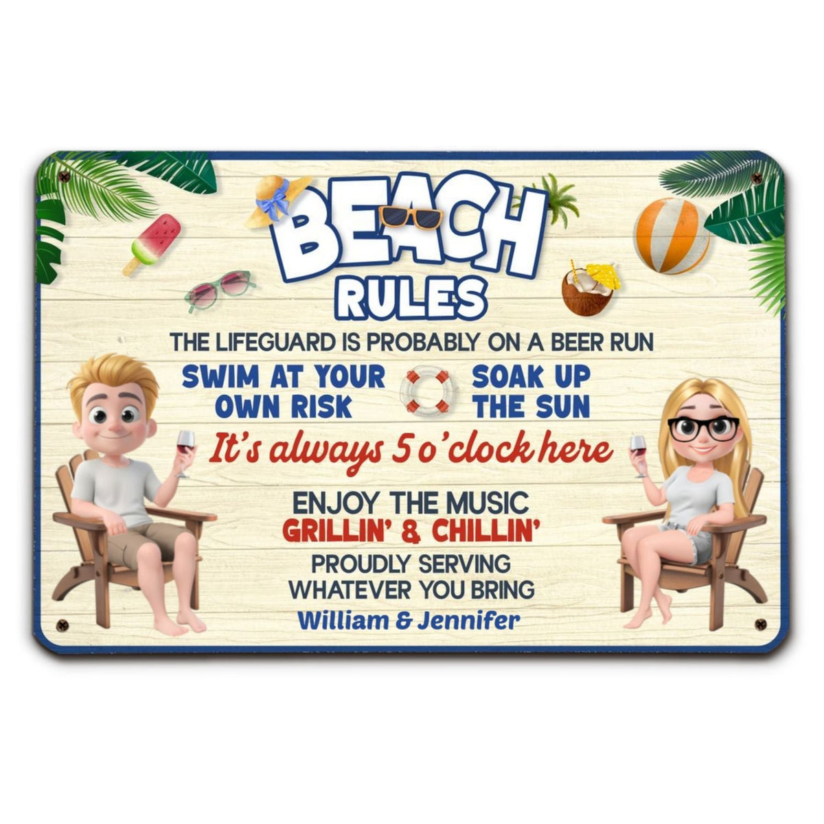Custom Couple Campground Sign, Campsite Outdoor Wall Decor • Pool Rules - Personalized Metal Sign