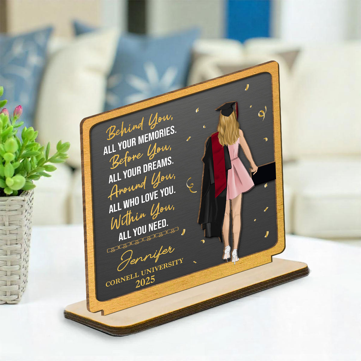 Custom Decor, Christmas Birthday Anniversary Gift Keepsake • Memories Behind Dreams Ahead - Personalized 2-Layer Wood Plaque With Flat Base