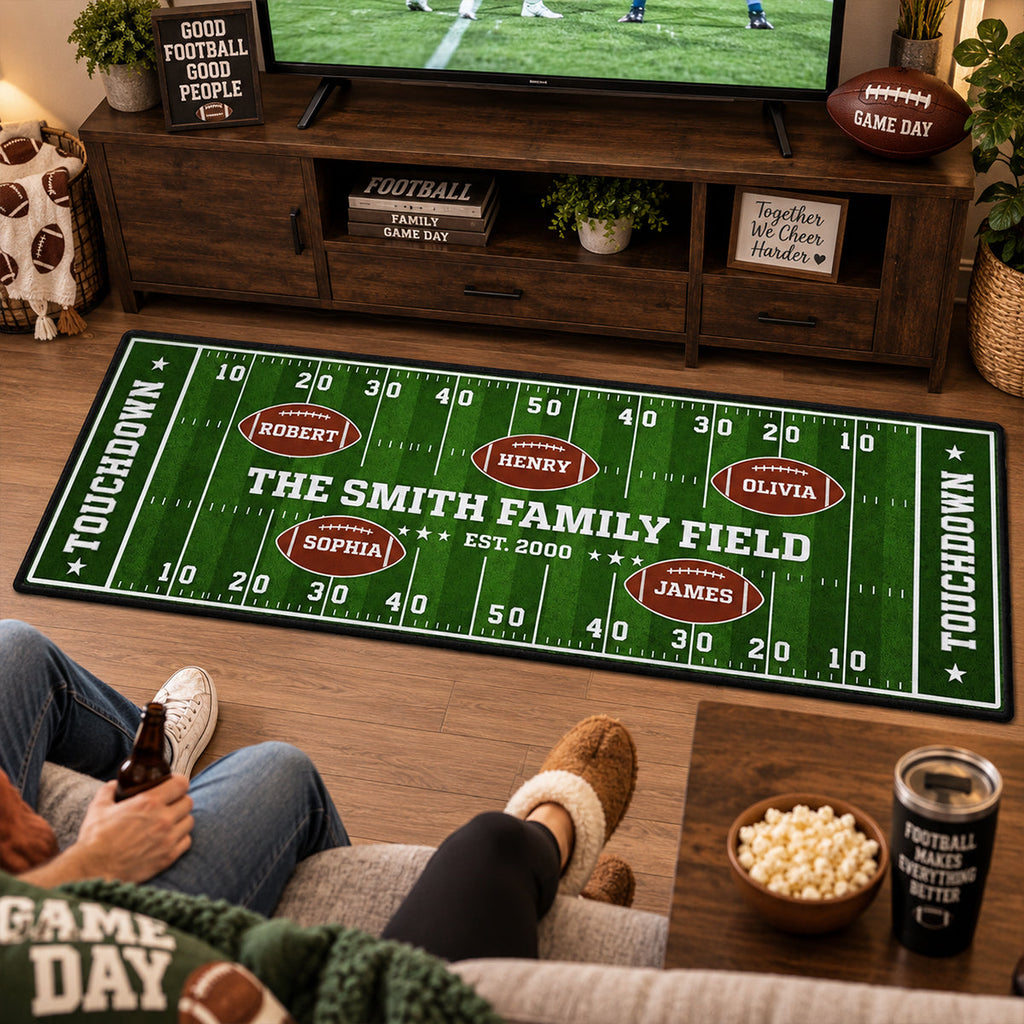 Custom Family Name Rug, Housewarming Birthday Gift For Family Members • Our Team Our Home Field - Personalized Runner Rug