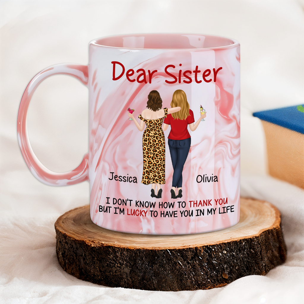 Custom Christmas & Birthday Gift for Brother & Sister • Lucky To Have You - Personalized Pink Marble Mug