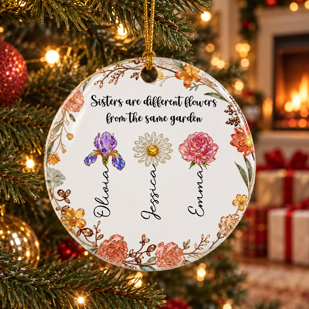 Custom Sister Christmas Ornament •  Different Flowers Same Roots - Personalized Ceramic Ornament
