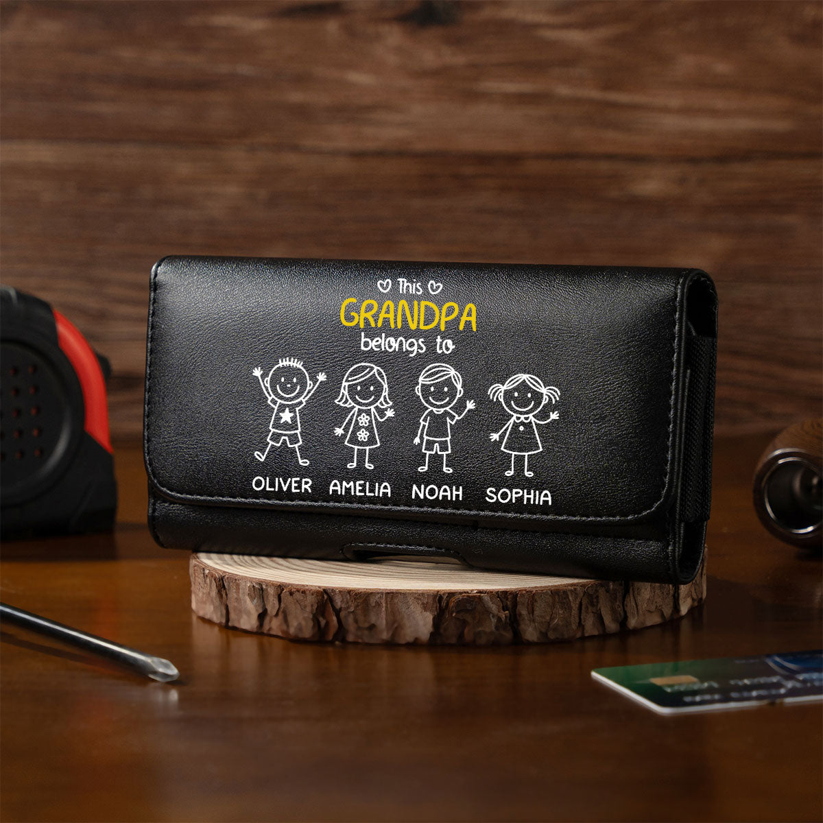 This Grandpa Belongs To Us - Personalized Leather Phone And Card Holster