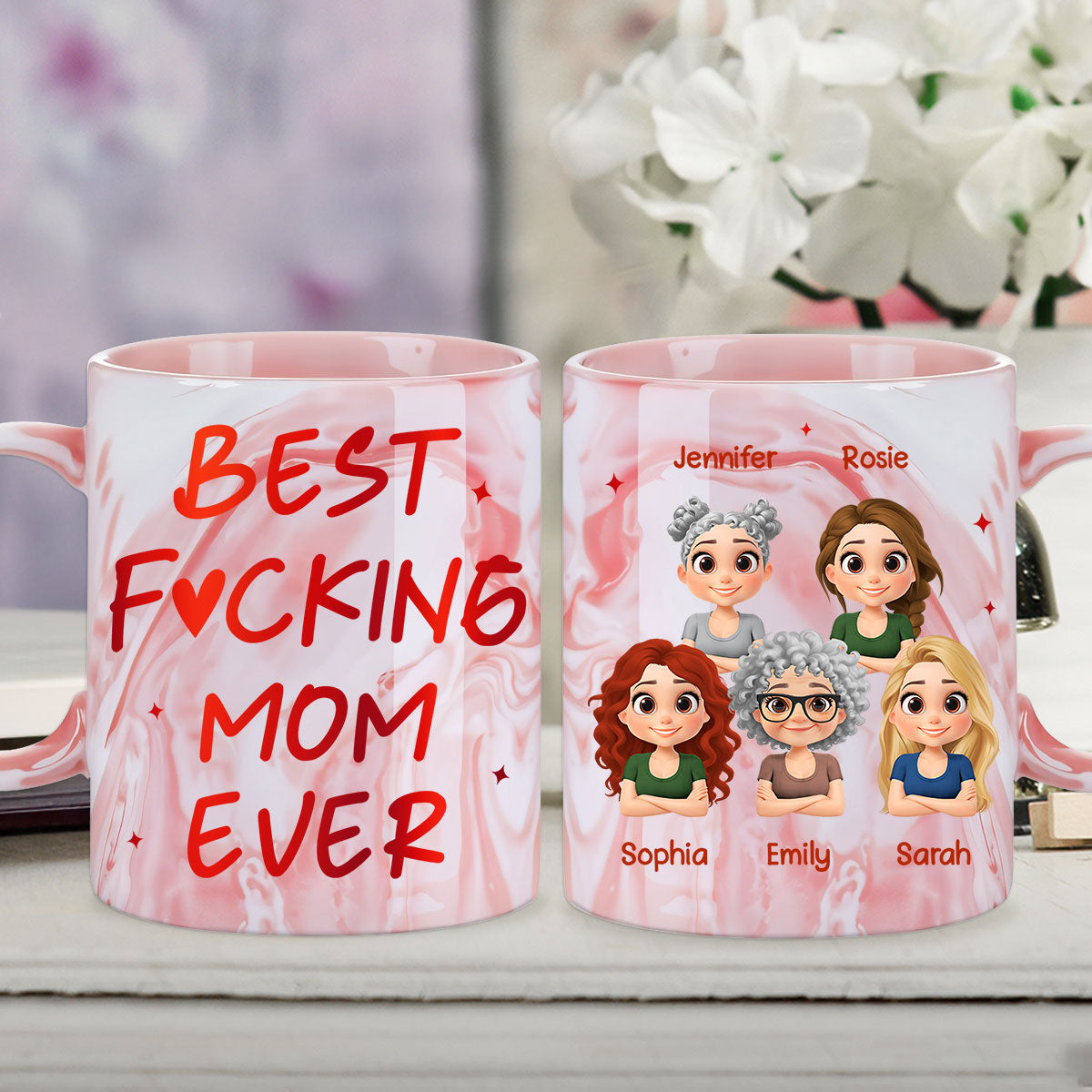Custom Mother's Day Gift for Mom & Grandma • Best Mom - Personalized Pink Marble Mug