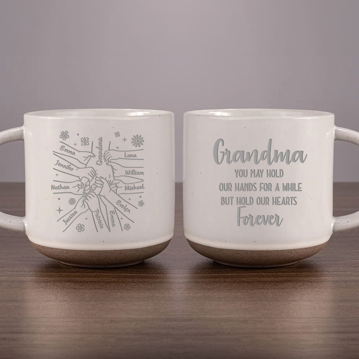 Custom Christmas & Birthday Gift For Grandma • Grandma, You Hold Our Hands And Our Hearts Forever - Personalized Engraved Pottery Mug