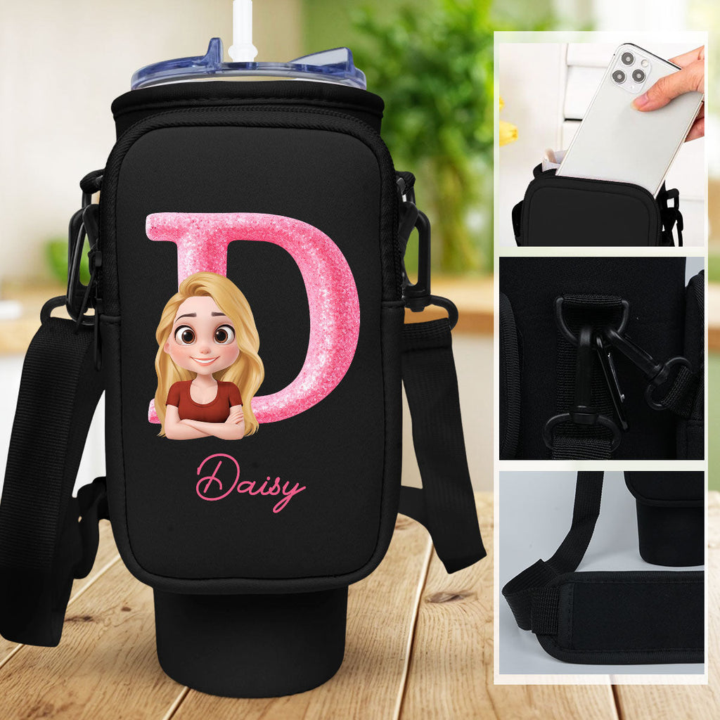 Glitter Alphabet Cartoon - Personalized Water Bottle Carrier Bag
