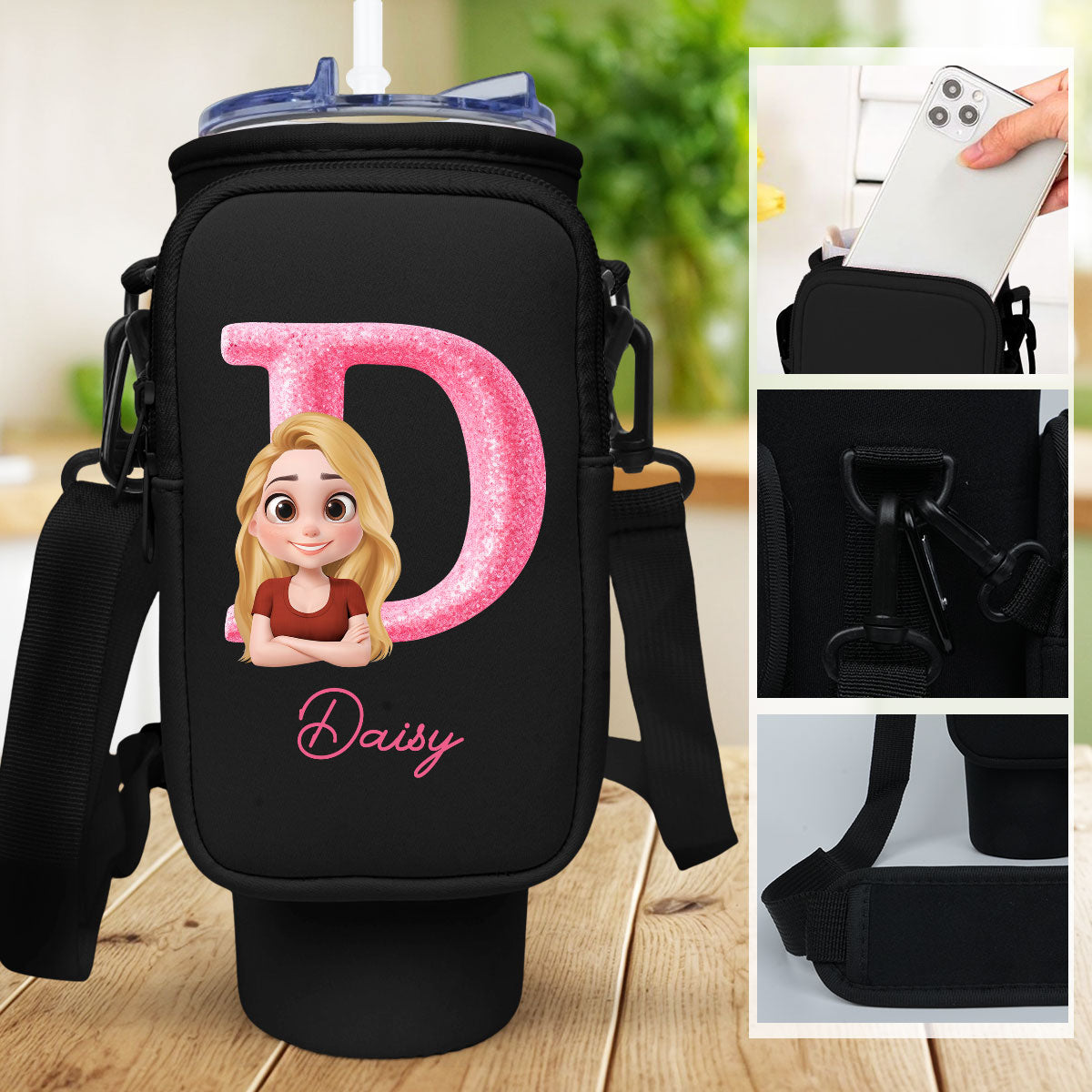 Glitter Alphabet Cartoon - Personalized Water Bottle Carrier Bag