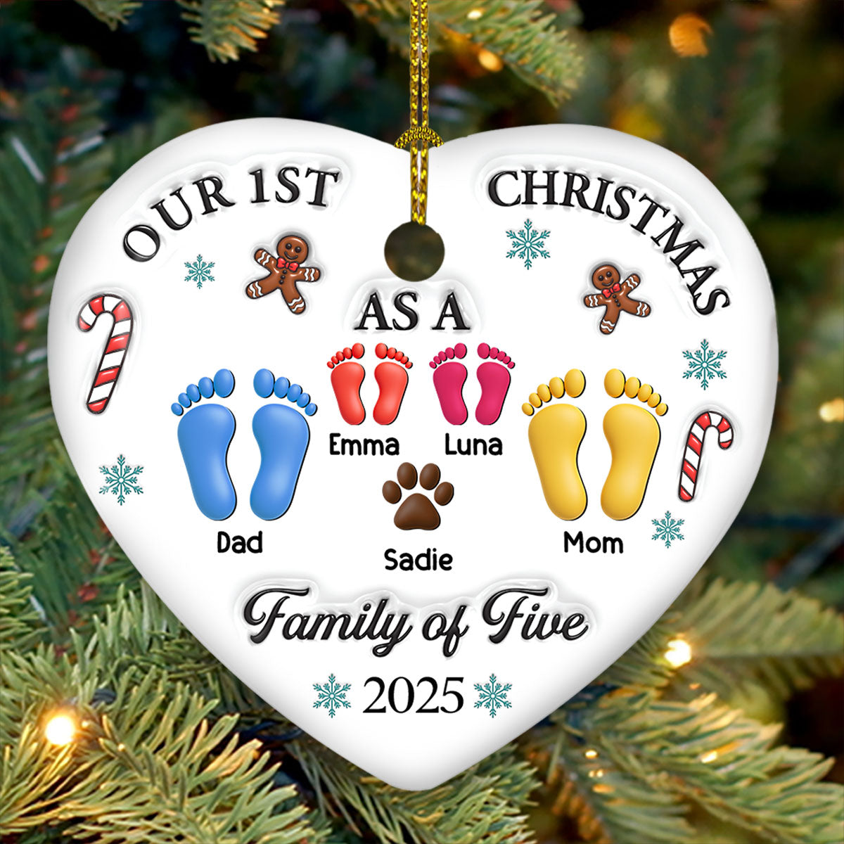 Custom Family First Christmas Ornament • Our First Christmas - Personalized 3D Effect Heart Ceramic Ornament