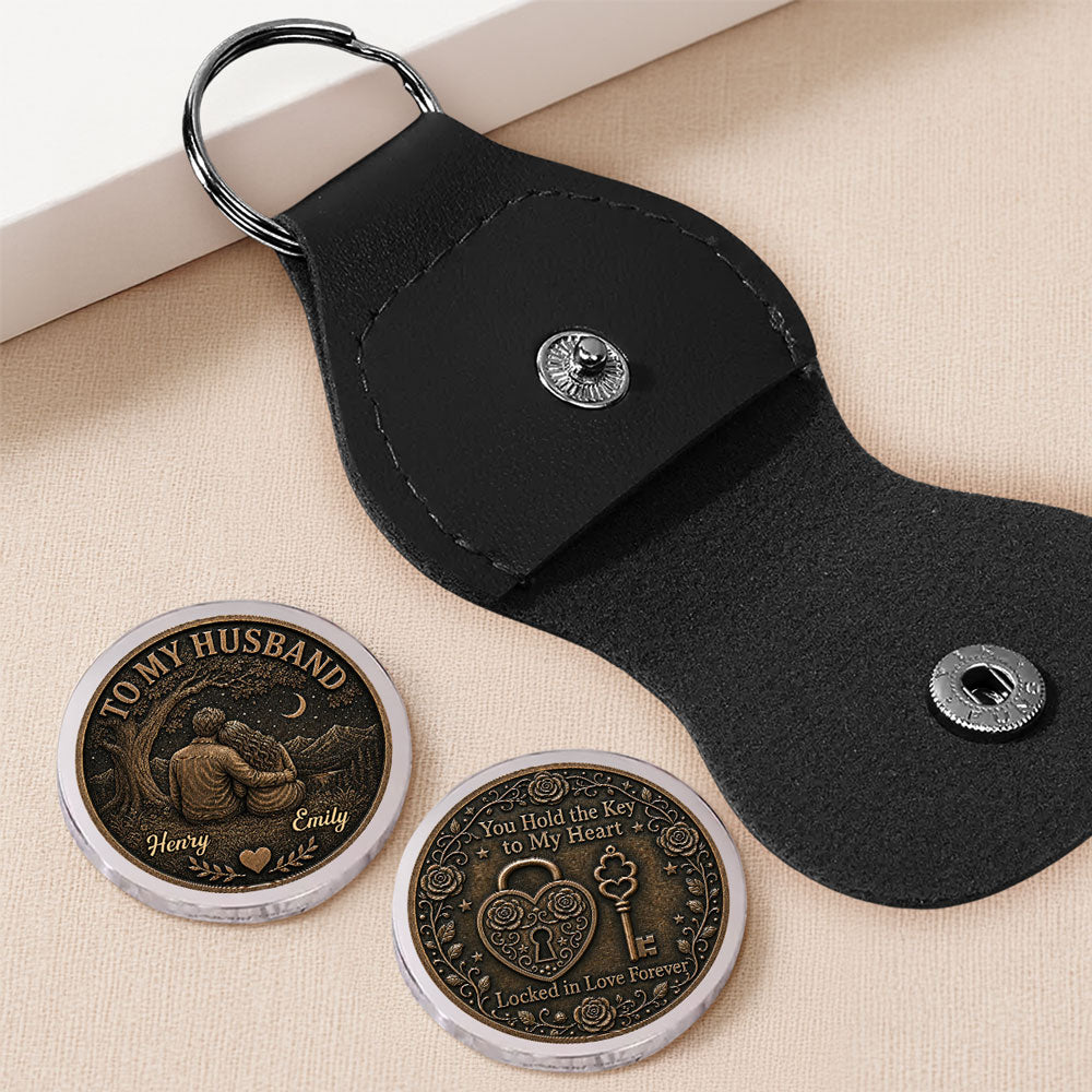 Custom Coin Keychain for Husband, Couple Anniversary Valentine's Day Gifts • Forever Locked In Love - Personalized Pocket Hug