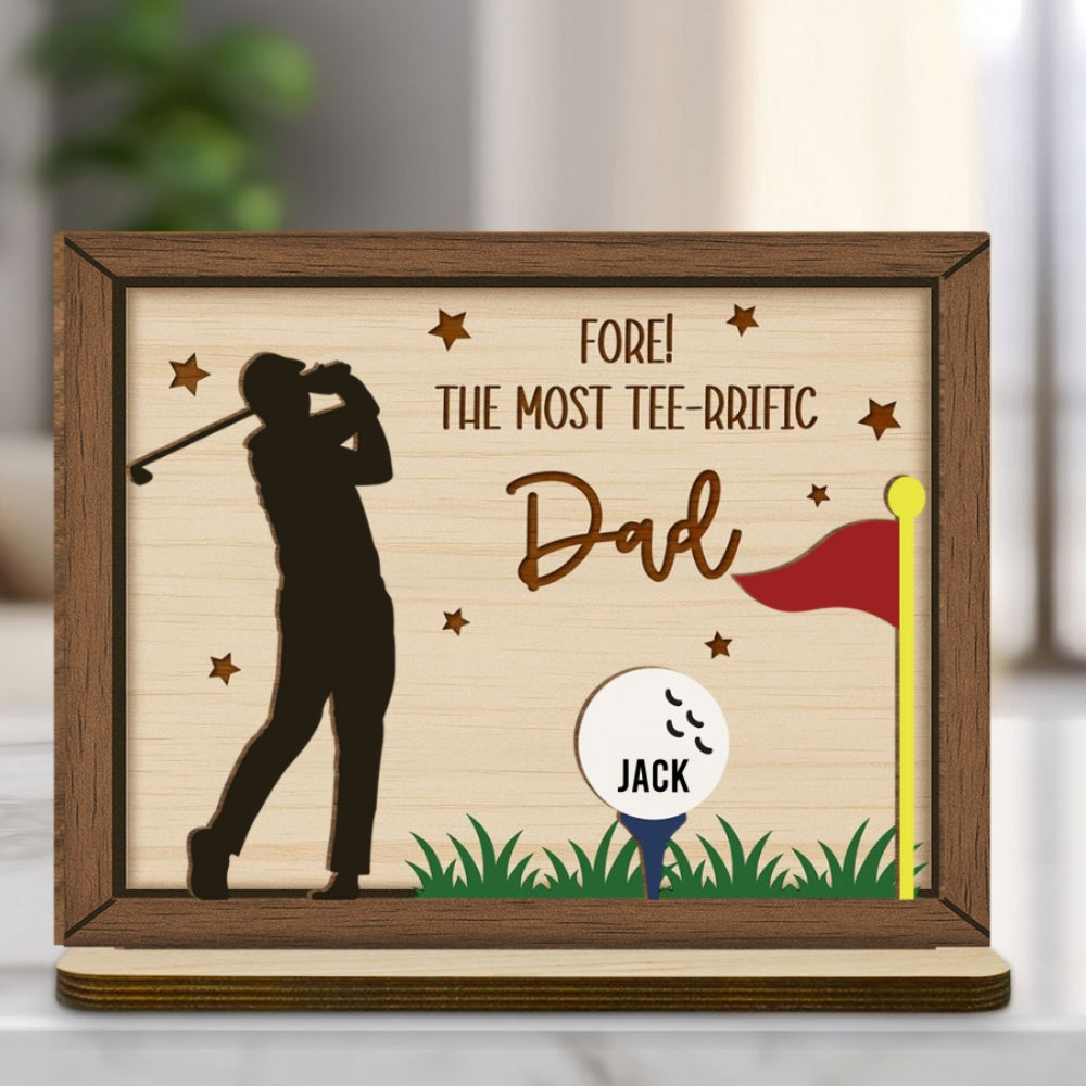 Custom Decor for Husband, Gift for Him • Best Dad On The Green - Personalized 2-Layer Wood Plaque With Flat Base