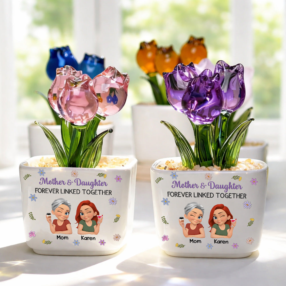 Custom Mother's Day Flower Keepsake, Glass Home Decor Gift for Mom • Mother And Daughter Linked Together Cartoon - Personalized Glass Everlasting Tulips