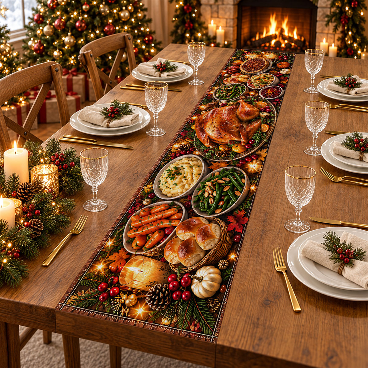 Custom Family Name Christmas Gifts, Holiday Decor Gift • Happy Meal - Personalized Table Runner