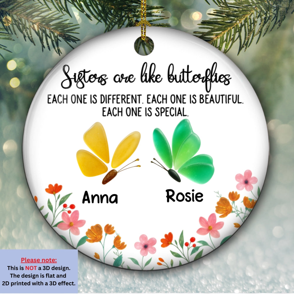 Custom Sister Christmas Ornament •  Twinkling Butterflies - Personalized 3D Effect Heart Ceramic Ornament