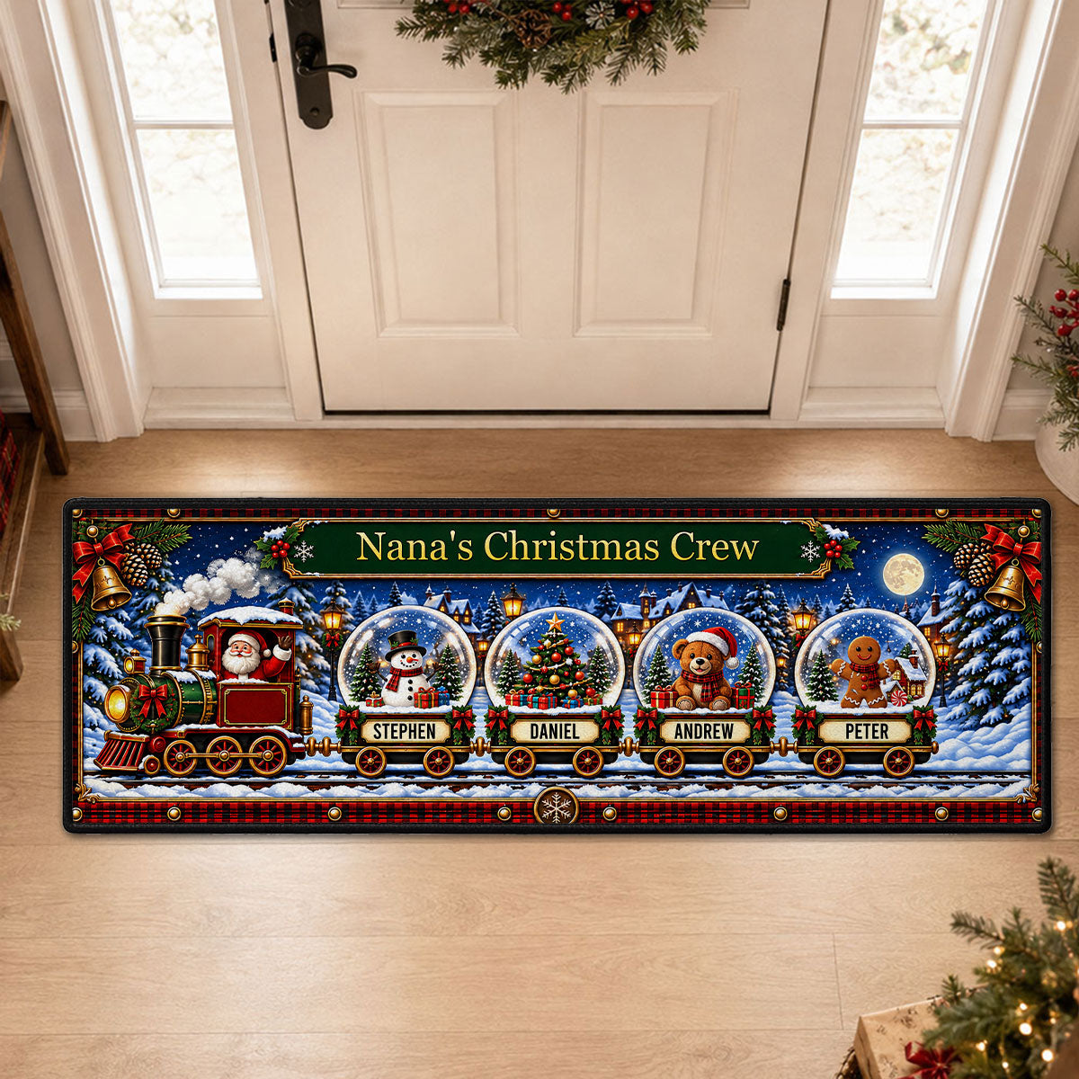 Custom Family Name Rug, Housewarming Birthday Gift For Family Members • Snow Globe Christmas Crew - Personalized Runner Rug