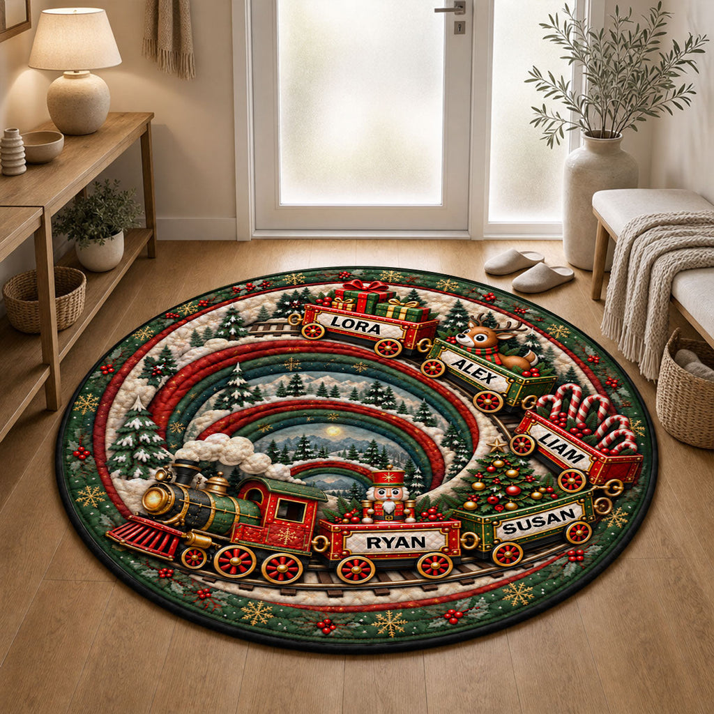 Custom Grandkid Name Christmas Rug, Holiday Decor Gift for Grandma • Magical Holiday Train - Personalized Quilted Mat