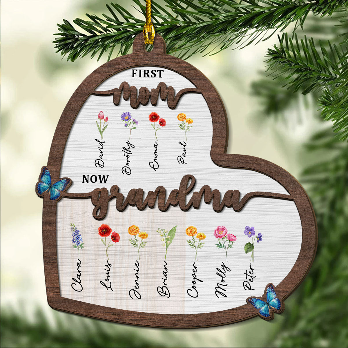 Custom Family Ornament, Christmas Gift for Family Members •  Flower Birth Month Garden Grandma - Personalized 2-layered Wood Ornament