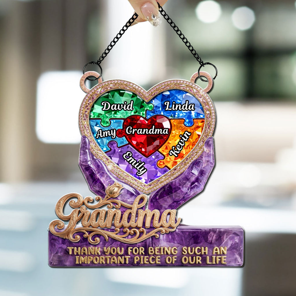Custom Name Grandma Hanging Decor, Mother's Day Birthday Gifts • Precious Puzzle Heart Grandma - Personalized Suncatcher