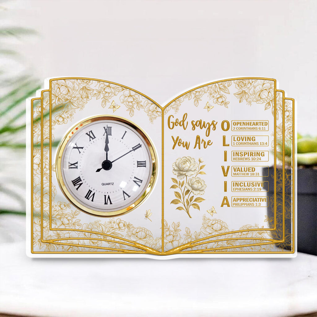 Custom Family Decor, Christmas Birthday Family Keepsake • God Says You Are Bible - Personalized Acrylic Desk Clock Plaque