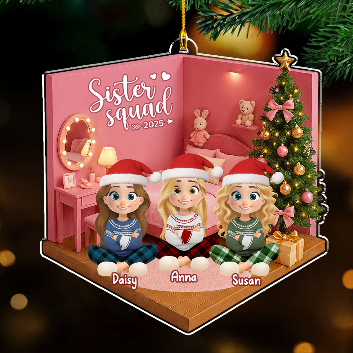 Custom Sister Christmas Ornament •  Cozy Dollhouse Nights - Personalized Acrylic Ornament