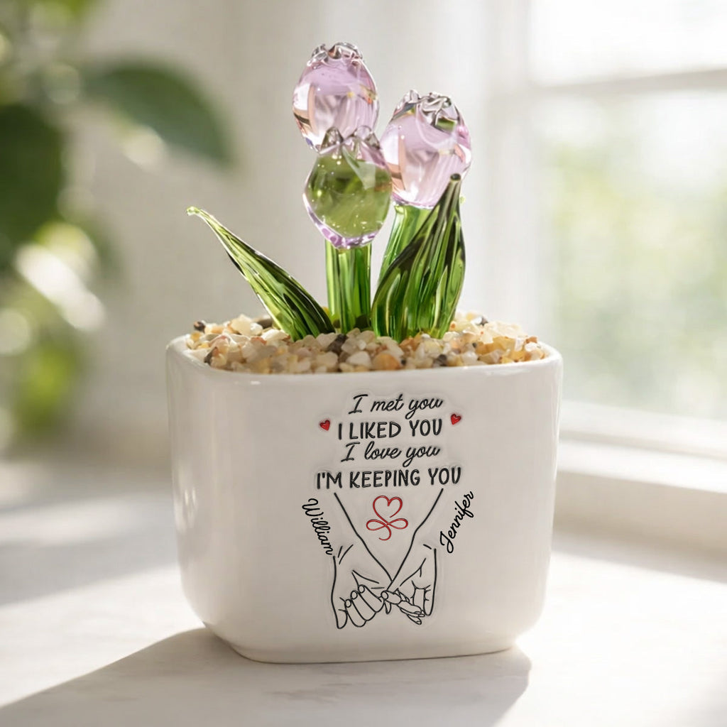 Custom Glass Flower Keepsake, Romantic Anniversary Gift for Wife • I Met You I Liked You I Love You - Personalized Glass Everlasting Tulips