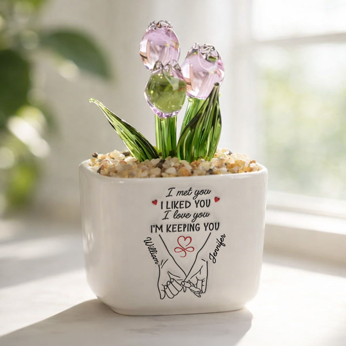 Custom Glass Flower Keepsake, Romantic Anniversary Gift for Wife • I Met You I Liked You I Love You - Personalized Glass Everlasting Tulips