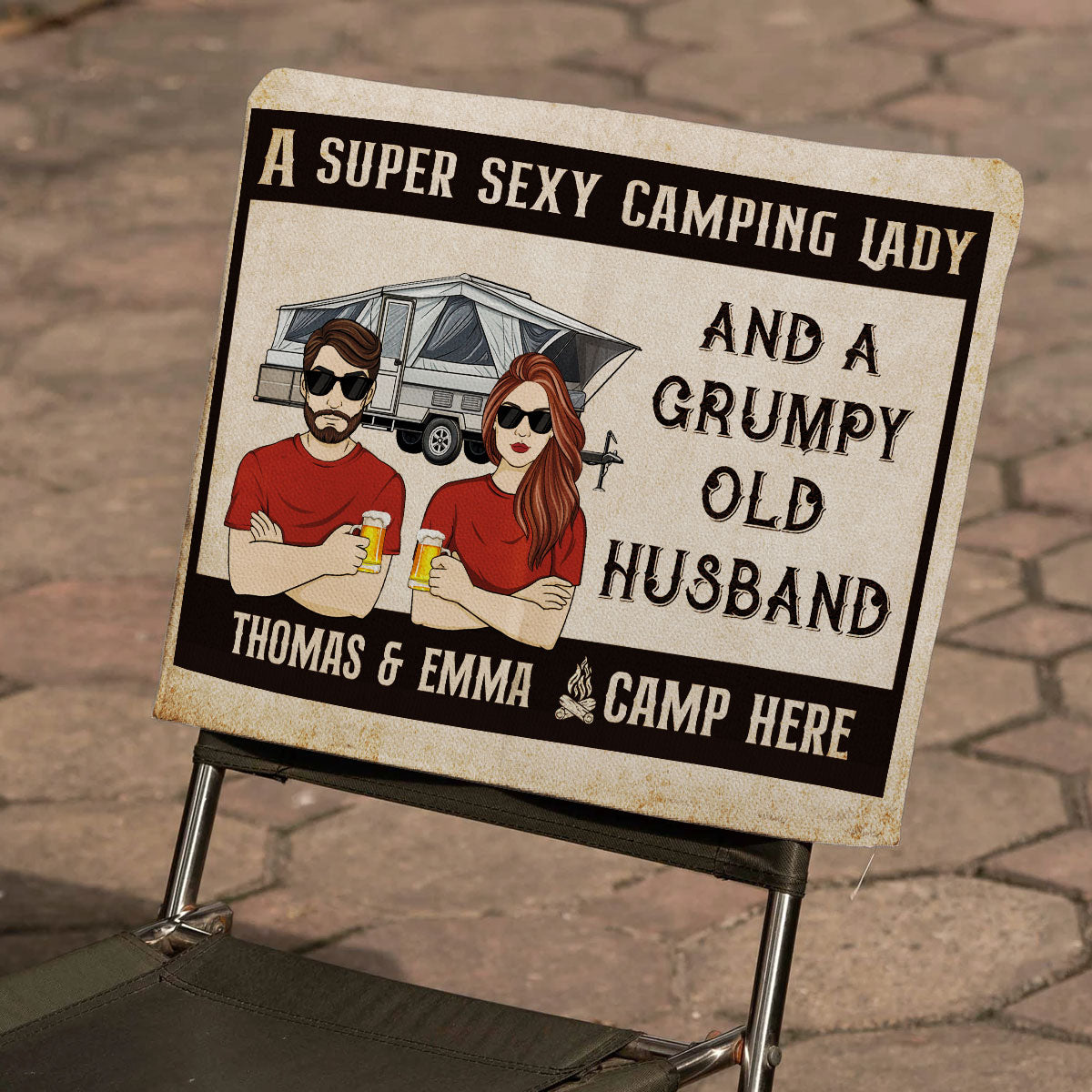 Sexy Camping Lady And Grumpy Old Husband - Personalized Camping Chair Cover