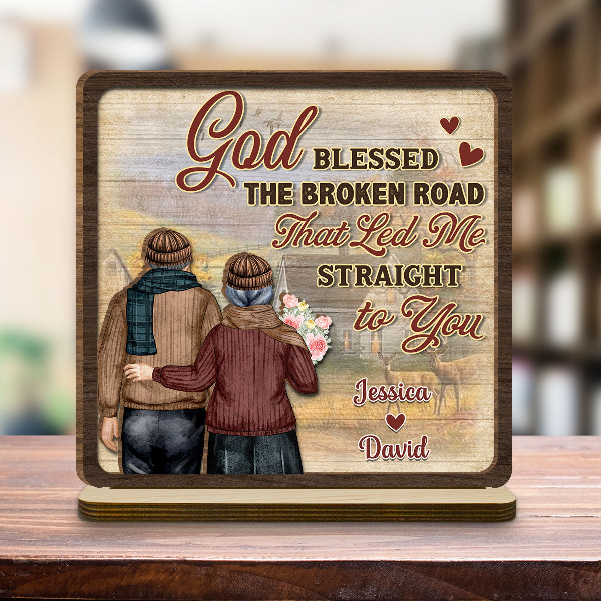 Custom Decor for Wife, Gift for Her • The Broken Road - Personalized 2-Layer Wood Plaque With Flat Base