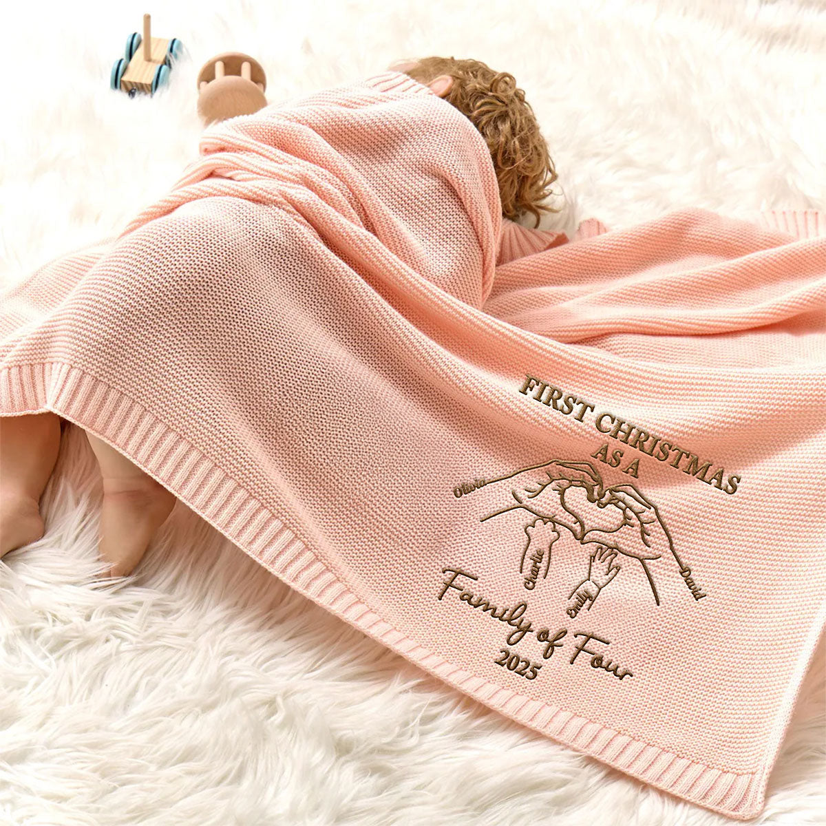 First Christmas Family Of Three - Personalized Embroidered Knitted Baby Blanket