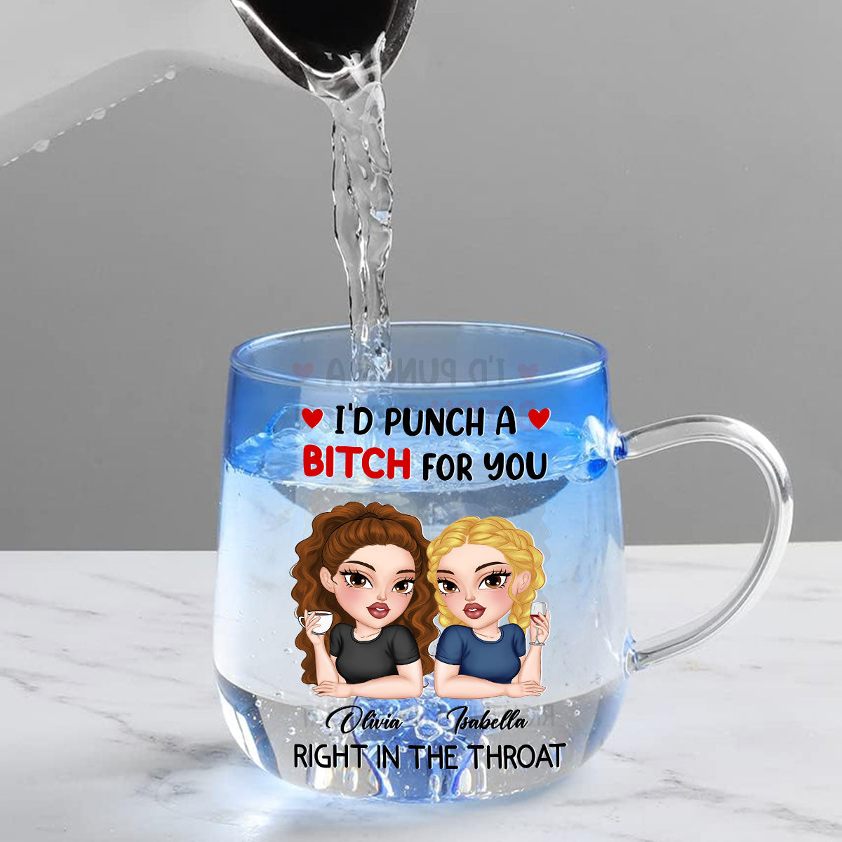 Custom Best Friend, Christmas & Birthday Friendship Keepsake Gift • Punch A Bitch For You My Friend - Personalized Blue Gradient Glass Mug