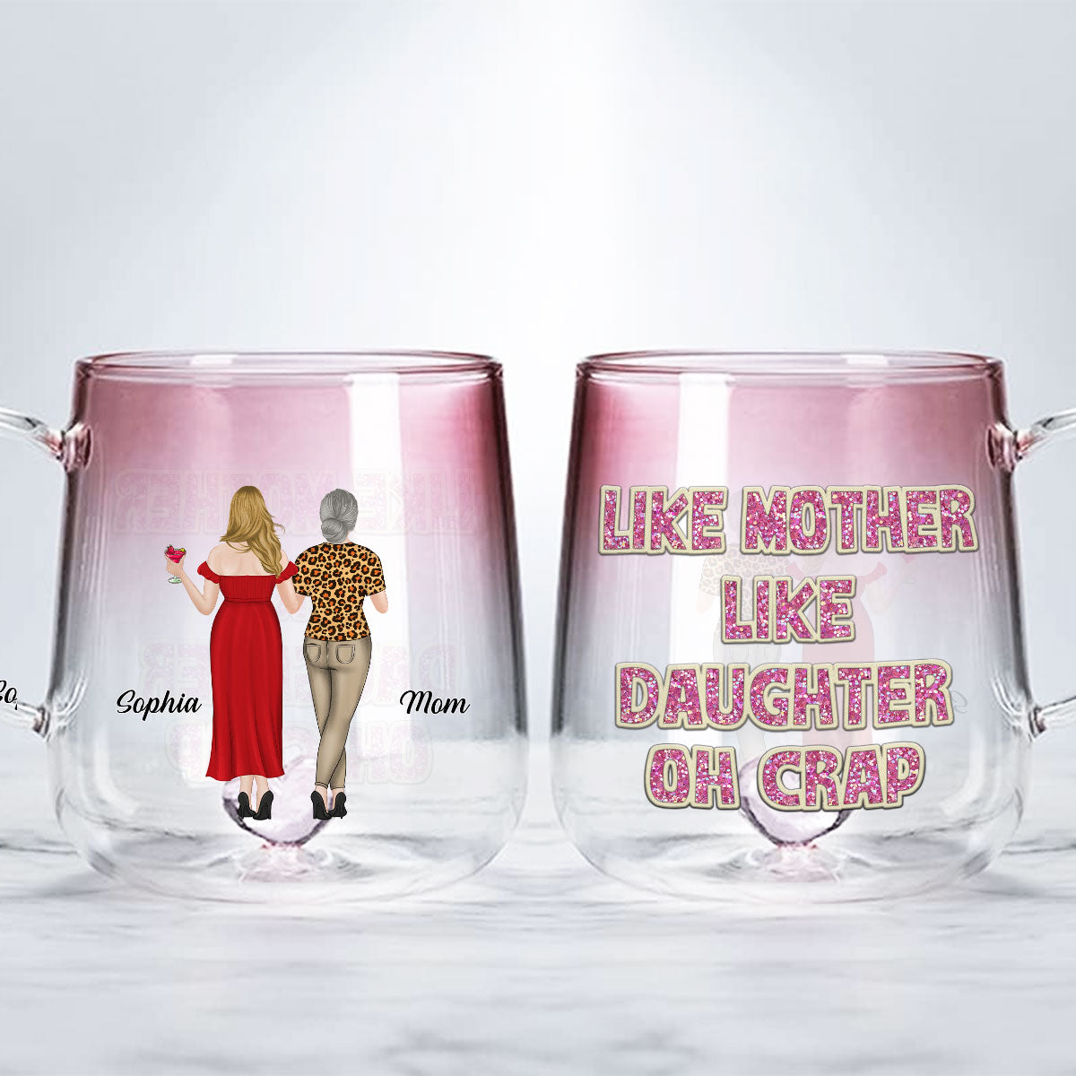 Custom Mother's Day Gift for Mom & Grandma • Like Mother Like Daughter - Personalized Pink Gradient Glass Mug