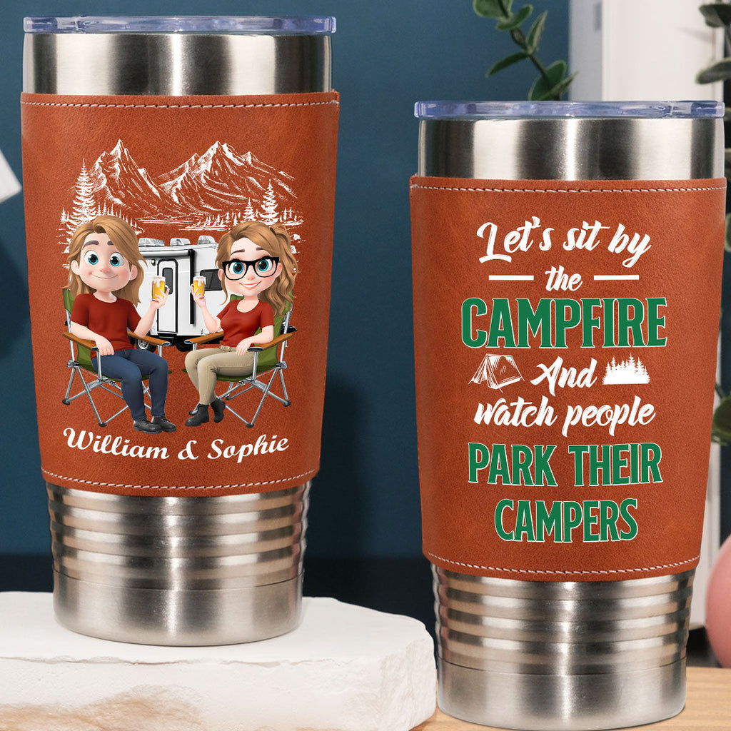 Custom Christmas Anniversary Gifts For Couple • Camp Fire - Personalized Leather Tumbler