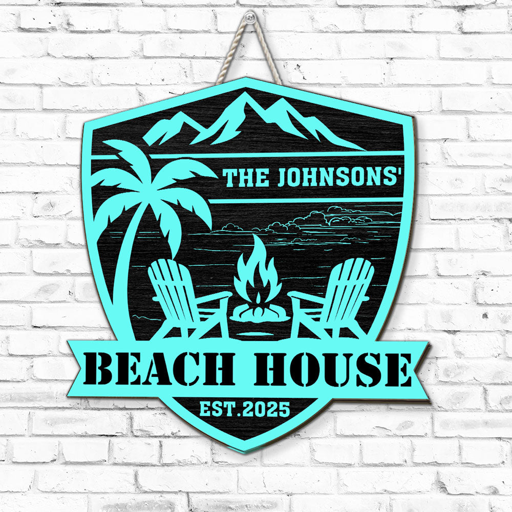 Custom Family Summer Backyard, Patio & Porch Decor • At The Beach House - Personalized Wood Sign
