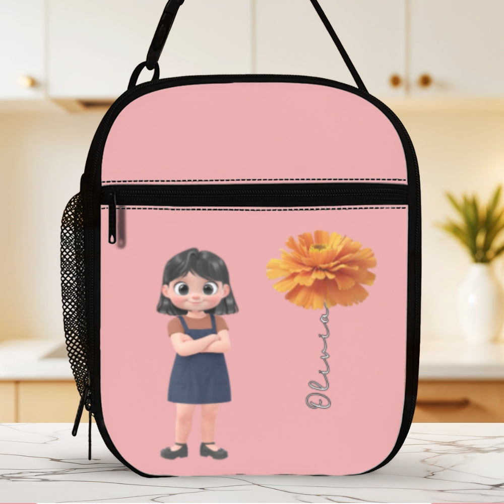 Birth Flower Cartoon Kids - Personalized Insulated Lunch Bag