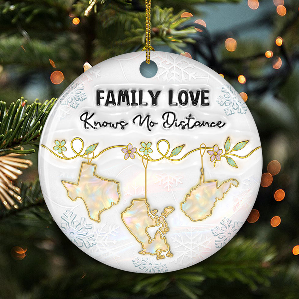 Custom Family Christmas Ornament for Long Distance Families •  Family Love Knows No Distance Mother Of Pearl Countries - Personalized 3D Inflated Effect Ceramic Ornament