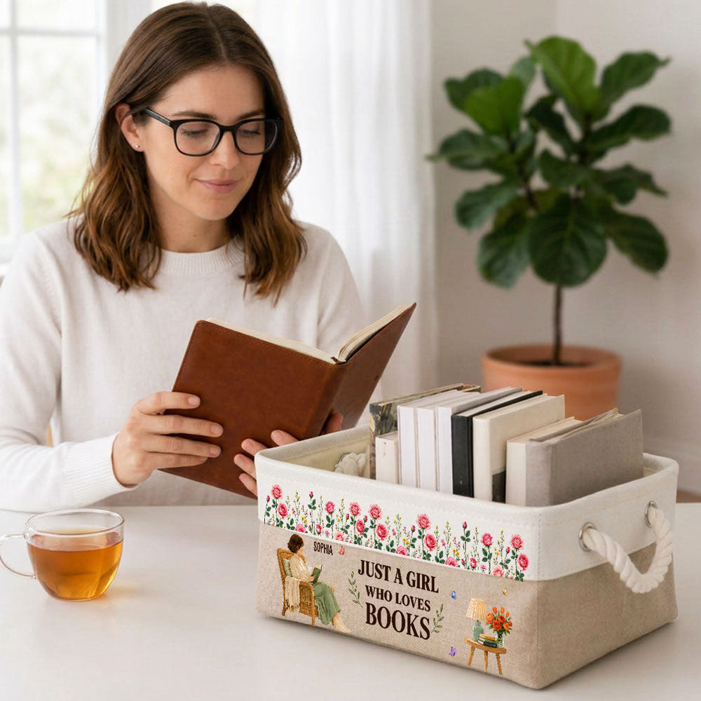 Custom Christmas Birthday Bookish Gifts For Book Lovers, Bookworms • Floral Book Nook - Personalized Storage Basket