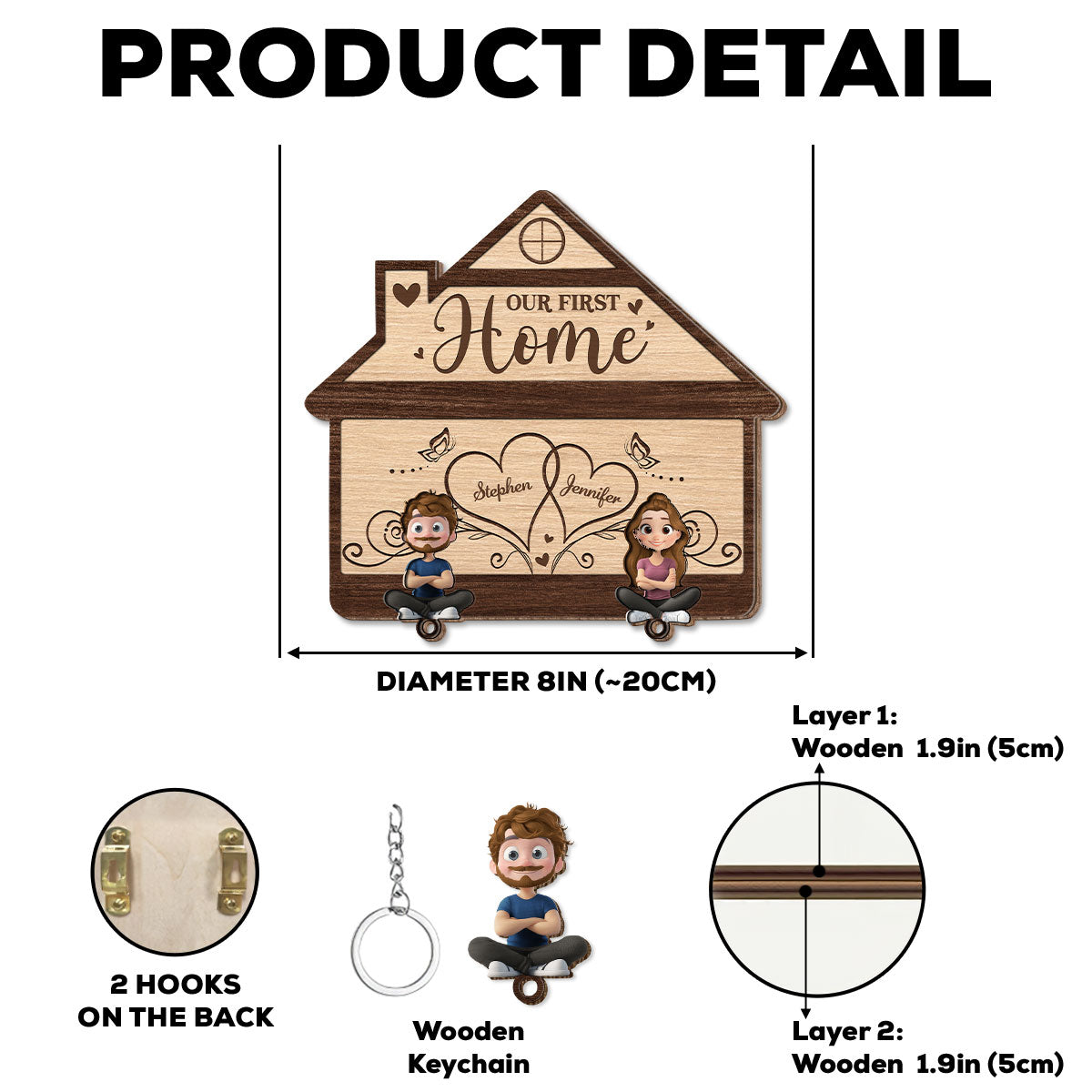 Our First Home - Personalized Wooden Key Holder With Keychain