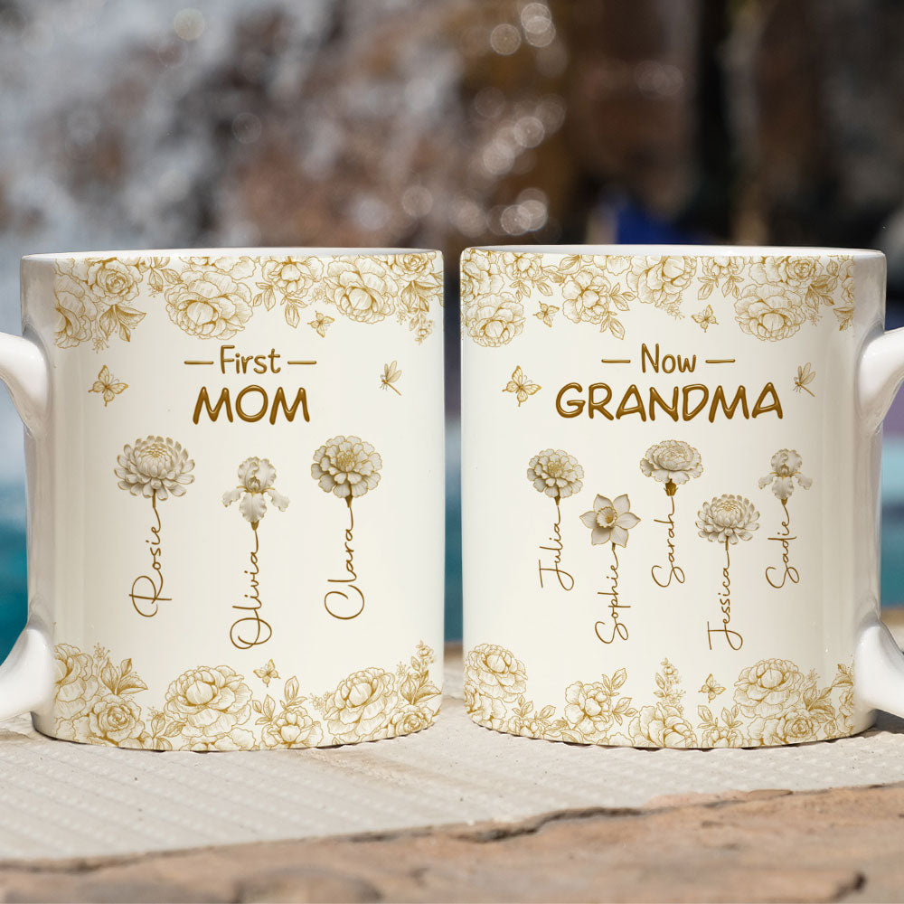 Custom Christmas & Birthday Gift For Grandma • First Mom Now Grandma Of Lovely Flowers - Personalized Coffee Mug