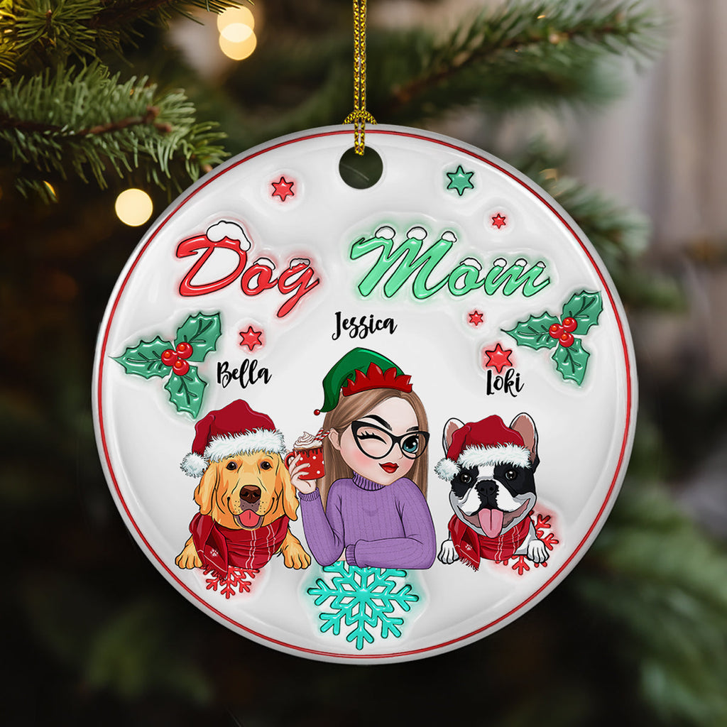 Custom Keepsake Christmas Ornament •  Dog Mom Pastel - Personalized 3D Inflated Effect Ceramic Ornament