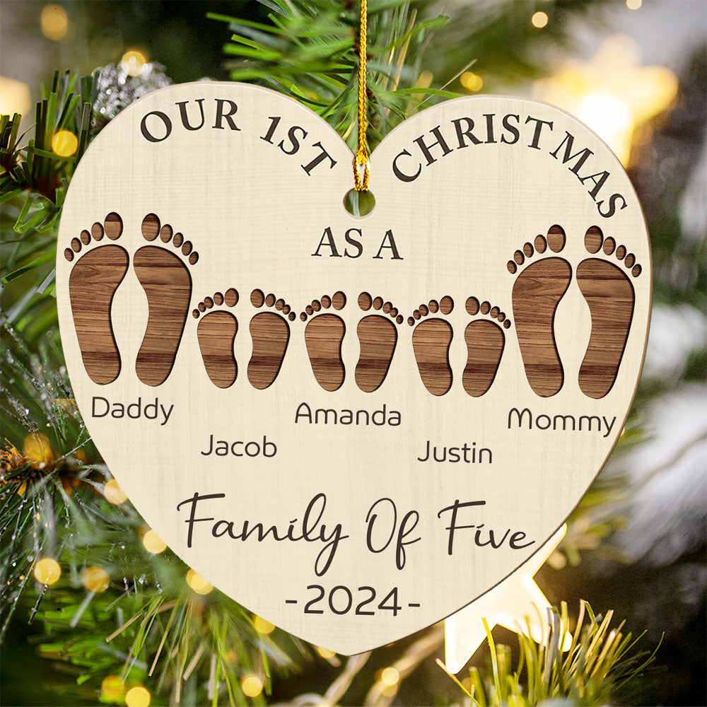 Custom Family First Christmas Ornament •  First Christmas As A Family Footprints - Personalized Wood Ornament