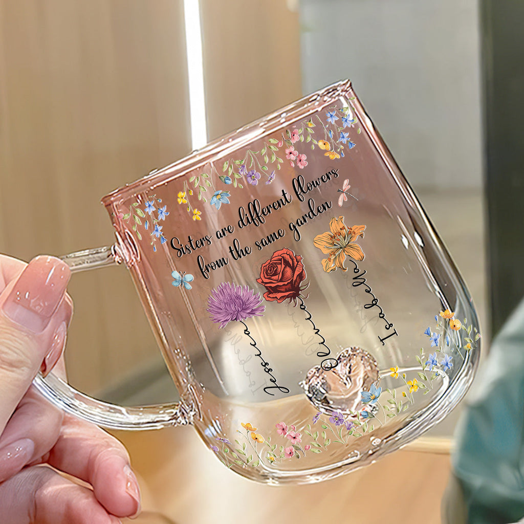 Custom Name & Birth Flower Birthday, Christmas Gift for Best Friend • Sisters Are Different Flowers From The Same Garden - Personalized Pink Gradient Glass Mug