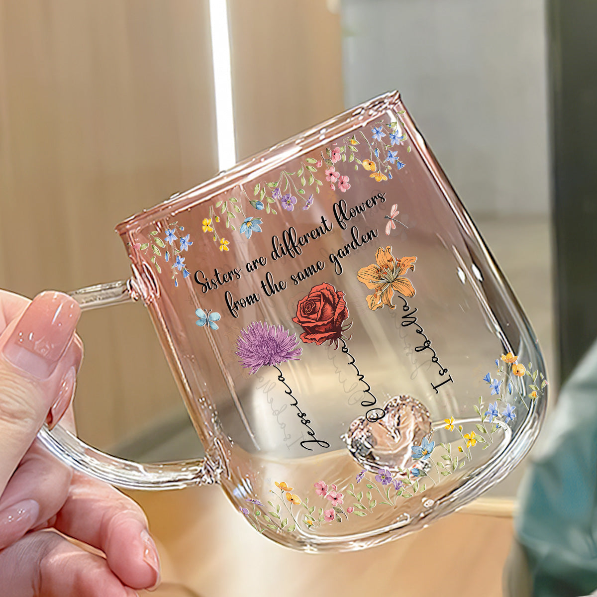 Custom Name & Birth Flower Birthday, Christmas Gift for Best Friend • Sisters Are Different Flowers From The Same Garden - Personalized Pink Gradient Glass Mug