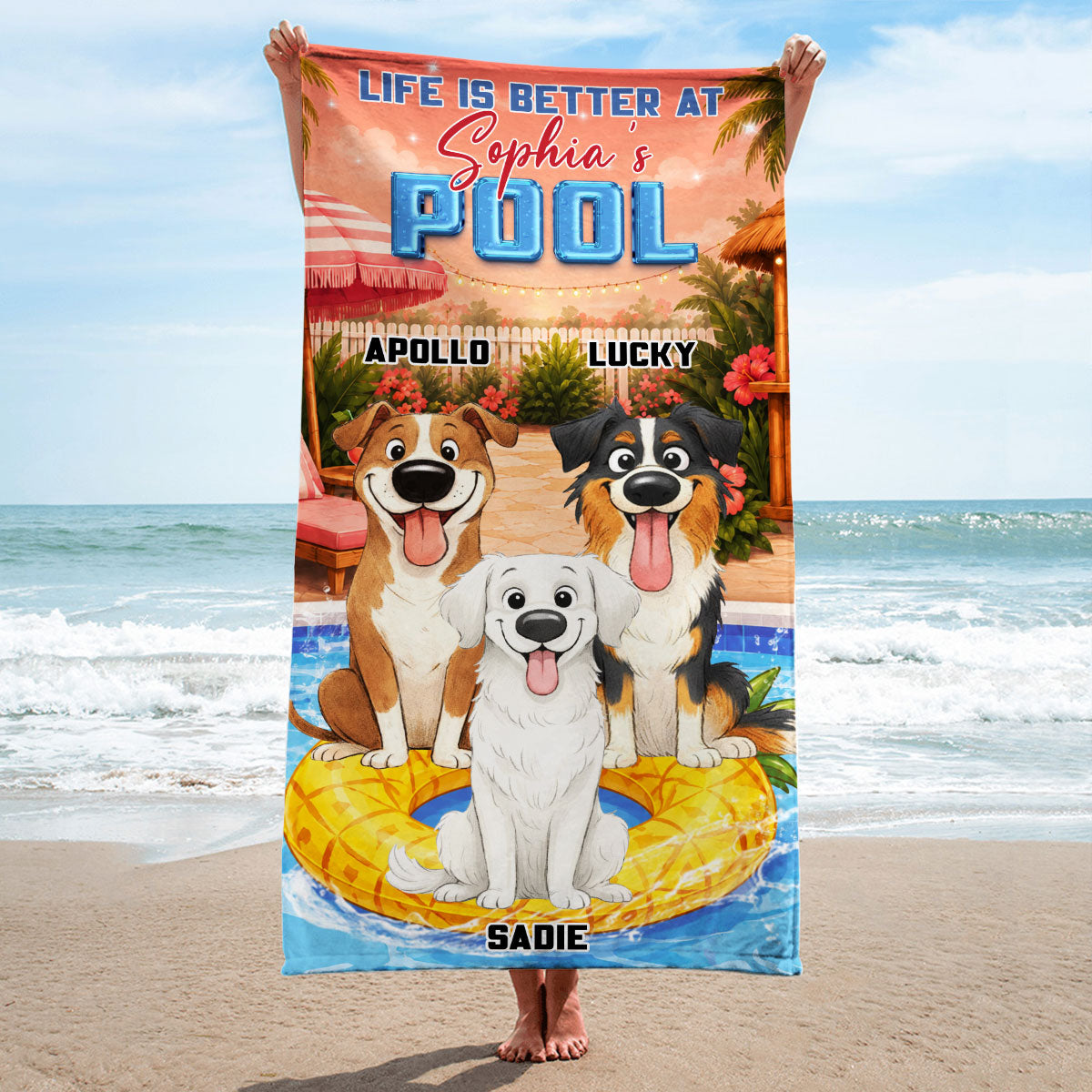 Stylized Cartoon Dog Pool - Personalized Beach Towel