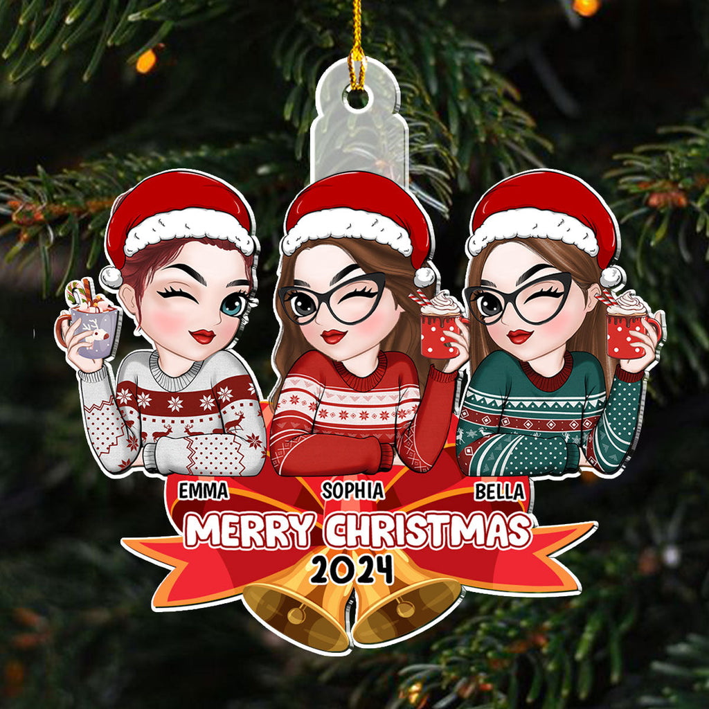Custom Friendship Christmas Ornament, Best Friend Gift •  Bestie Sitting On Bell - Personalized Acrylic Ornament
