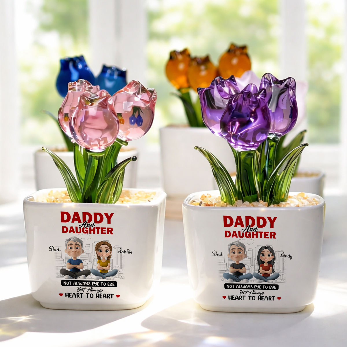 Custom Mother's Day Flower Keepsake, Glass Home Decor Gift for Daughter • Dad And Daughter Always Together - Personalized Glass Everlasting Tulips